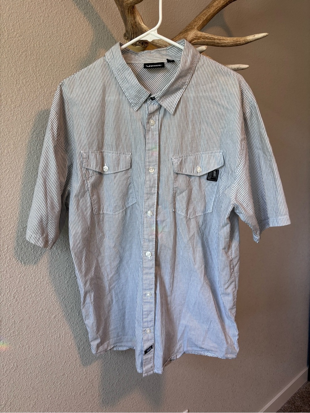 Vans Blue and White Striped Short-Sleeve Button-Down Shirt